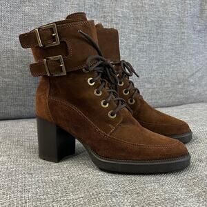Aquatalia Irene Brown Suede Heeled Combat Ankle Boots 8.5 Buckle Lace Up Italy